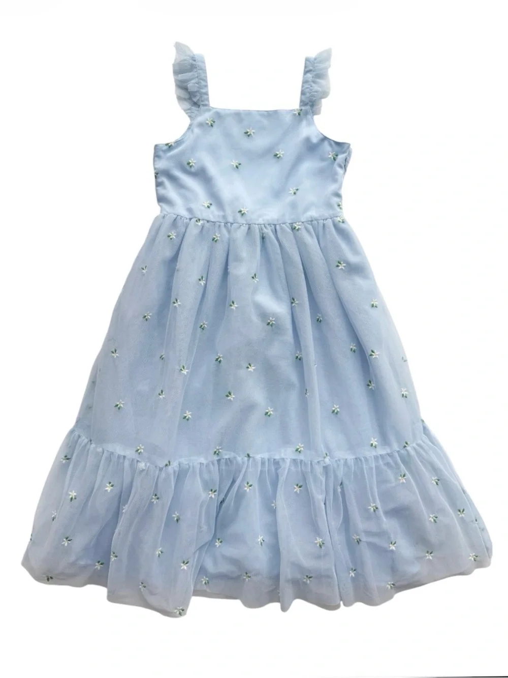 Mini Boden Back Bow Blue Tulle Dress with Embroidered Flowers size 8/9